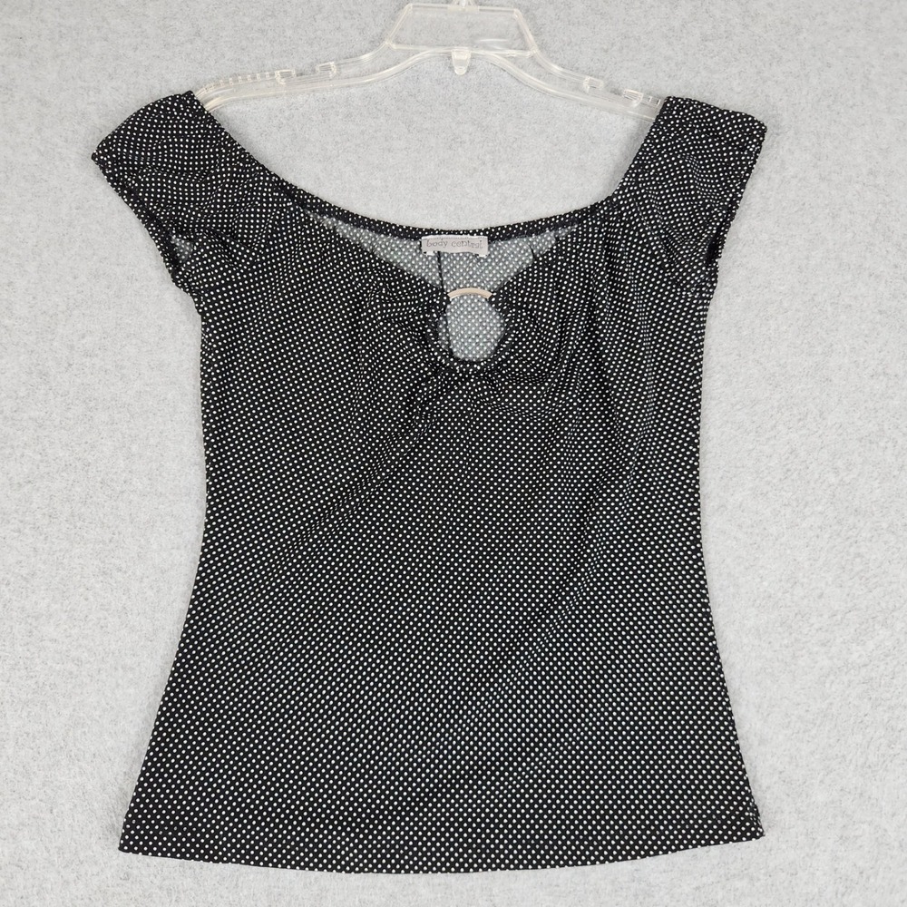 Body Central Blouse Womens XS Black Polka Dot O-Ring Scoop Neck Cap Sleeve Y2K